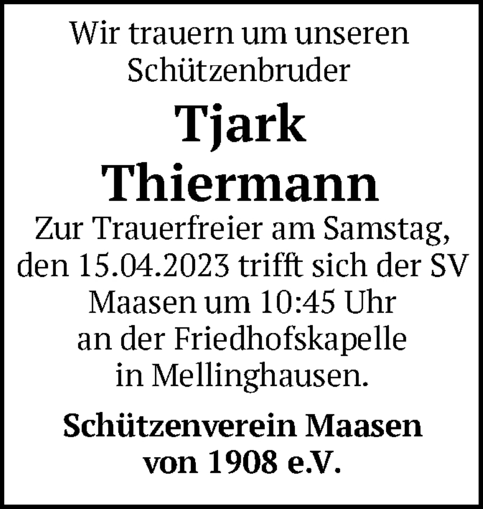  Traueranzeige für Tjark Thiermann vom 14.04.2023 aus SYK