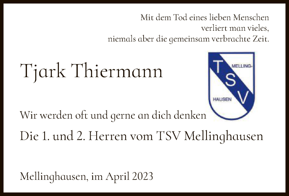  Traueranzeige für Tjark Thiermann vom 13.04.2023 aus SYK
