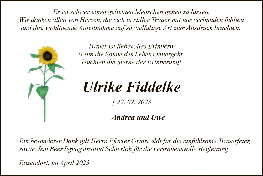  Traueranzeige für Ulrike Fiddelke vom 15.04.2023 aus SYK