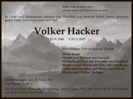 Traueranzeige von Volker Hacker von SYK