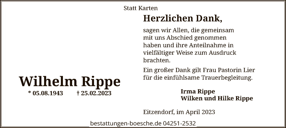  Traueranzeige für Wilhelm Rippe vom 29.04.2023 aus SYK