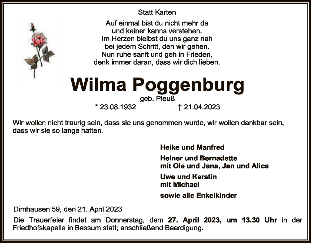  Traueranzeige für Wilma Poggenburg vom 26.04.2023 aus SYK