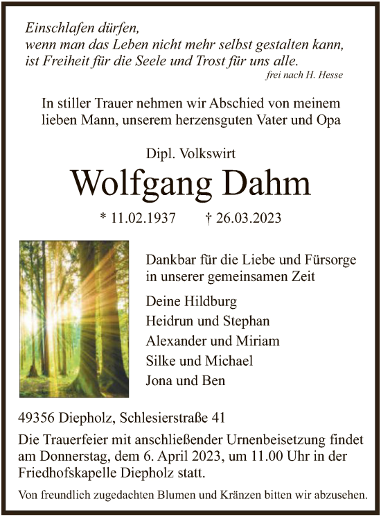 Traueranzeige von Wolfgang Dahm von SYK