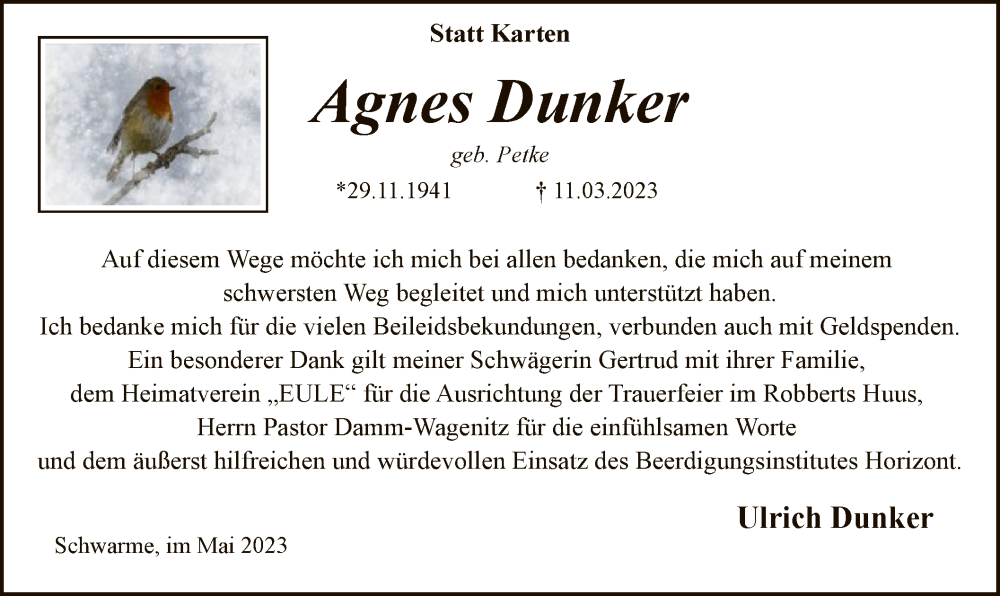  Traueranzeige für Agnes Dunker vom 26.05.2023 aus SYK