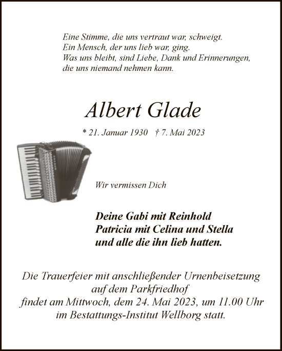 Traueranzeige von Albert Glade von SYK