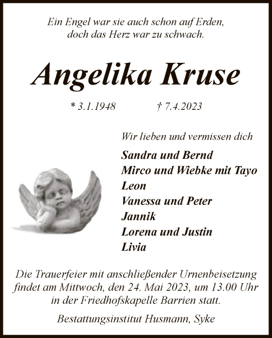 Traueranzeige von Angelika Kruse von SYK