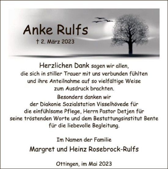 Traueranzeige von Anke Rulfs von SYK