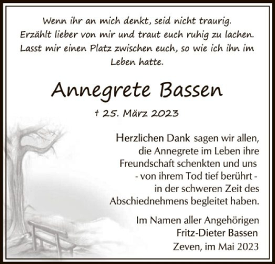 Traueranzeige von Annegrete Bassen von SYK