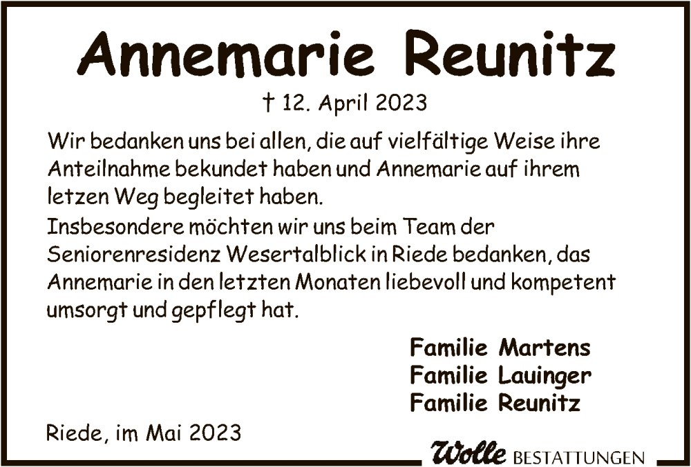  Traueranzeige für Annemarie Reunitz vom 13.05.2023 aus SYK