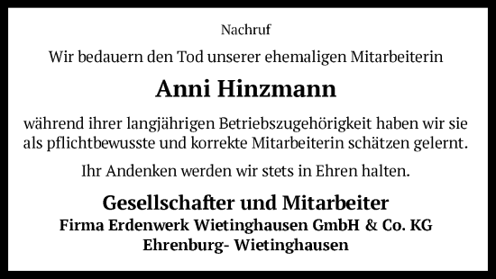 Traueranzeige von Anni Hinzmann von SYK