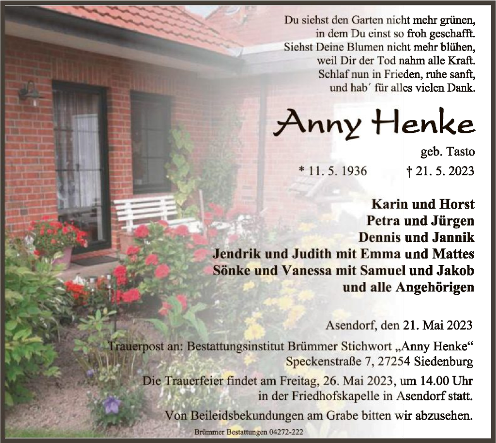  Traueranzeige für Anny Henke vom 24.05.2023 aus SYK