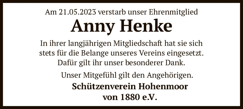  Traueranzeige für Anny Henke vom 31.05.2023 aus SYK