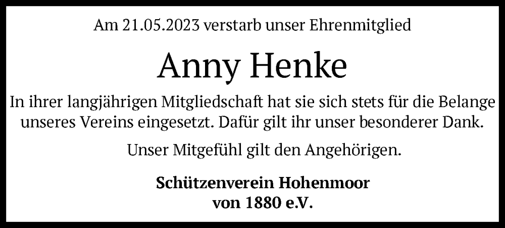  Traueranzeige für Anny Henke vom 26.05.2023 aus SYK