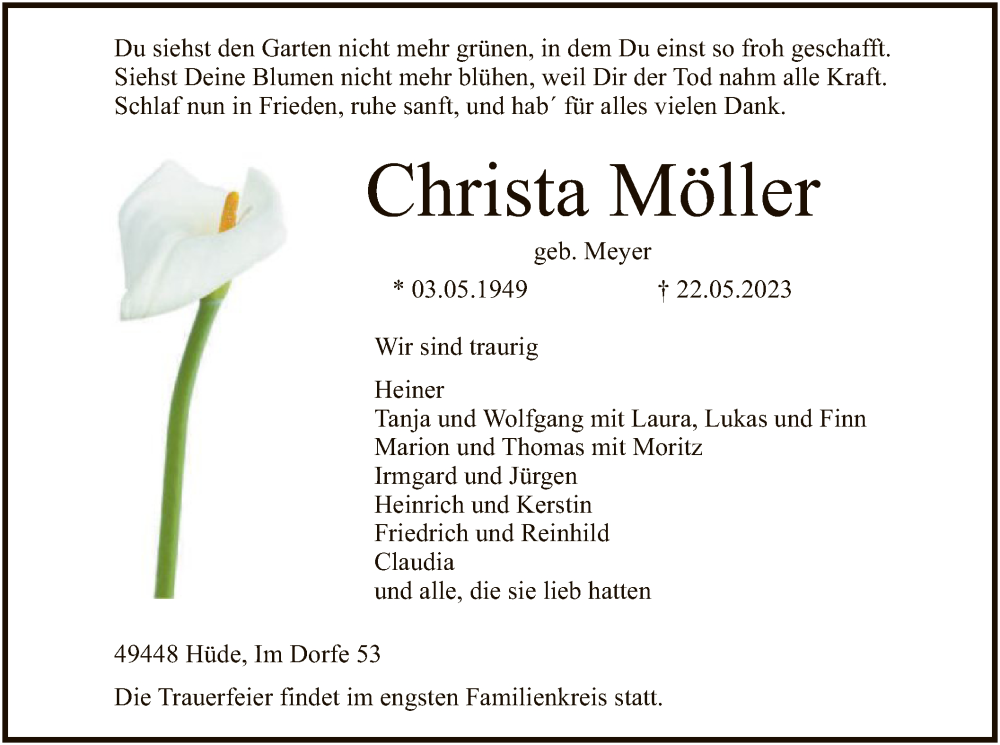  Traueranzeige für Christa Möller vom 26.05.2023 aus SYK