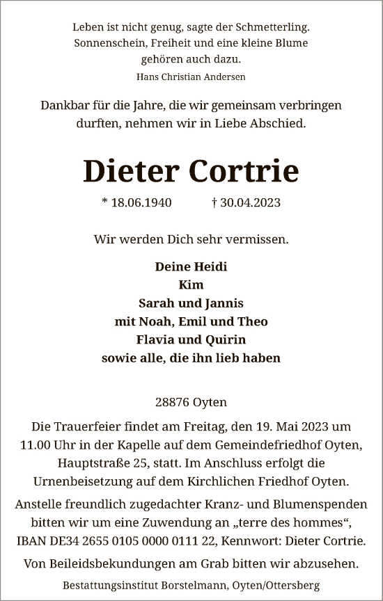 Traueranzeige von Dieter Cortrie von SYK