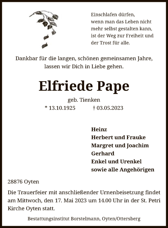 Traueranzeige von Elfriede Pape von SYK