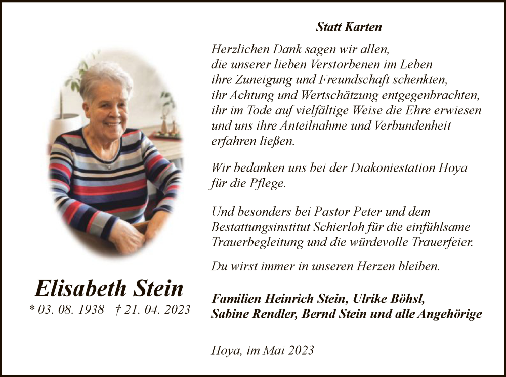  Traueranzeige für Elisabeth Stein vom 27.05.2023 aus SYK
