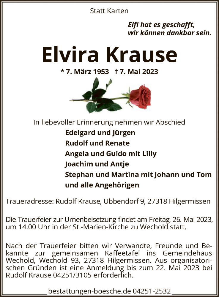  Traueranzeige für Elvira Krause vom 20.05.2023 aus SYK