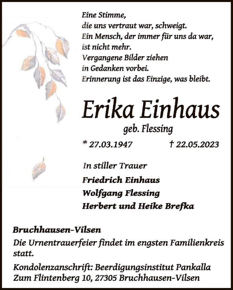  Traueranzeige für Erika Einhaus vom 27.05.2023 aus SYK