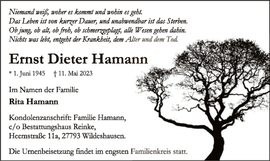 Traueranzeige von Ernst Dieter Hamann von SYK