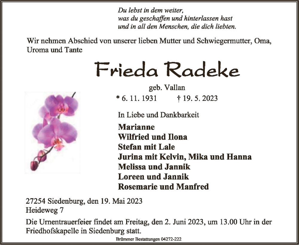  Traueranzeige für Frieda Radeke vom 25.05.2023 aus SYK