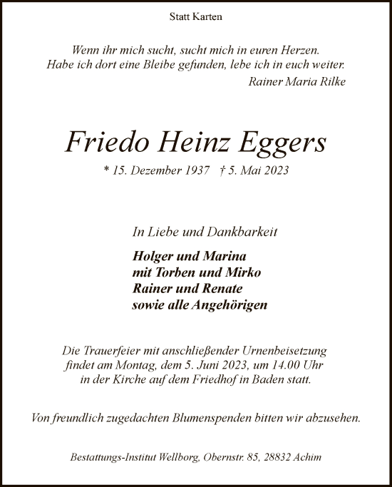 Traueranzeige von Friedo Heinz Eggers von SYK