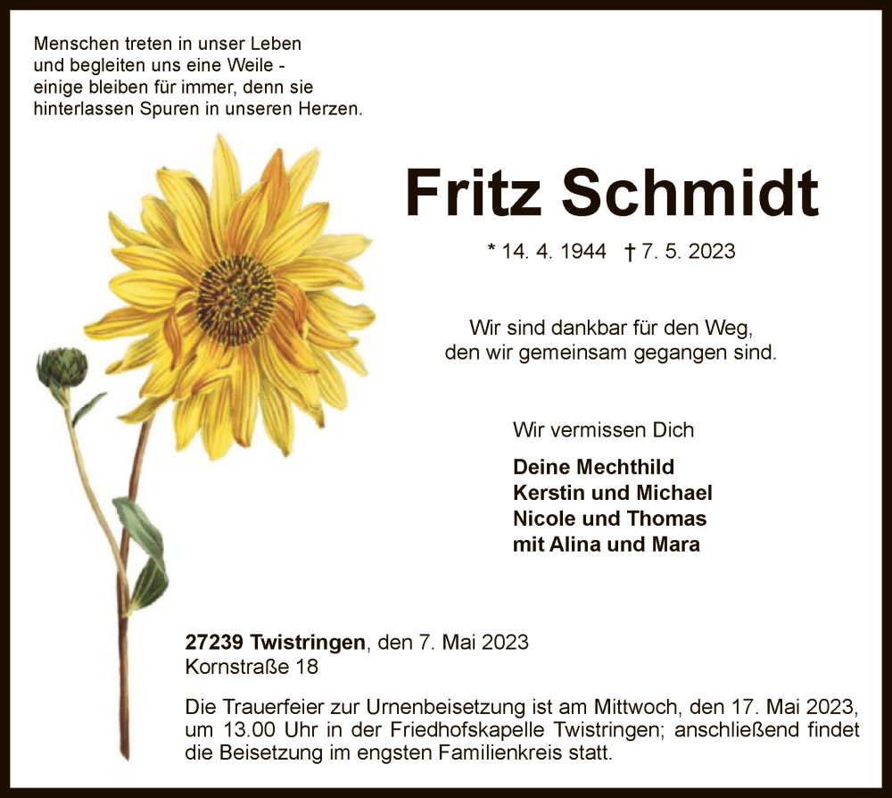  Traueranzeige für Fritz Schmidt vom 12.05.2023 aus SYK