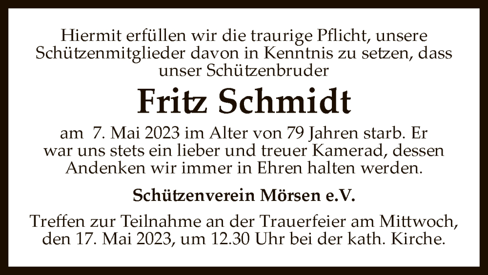  Traueranzeige für Fritz Schmidt vom 12.05.2023 aus SYK