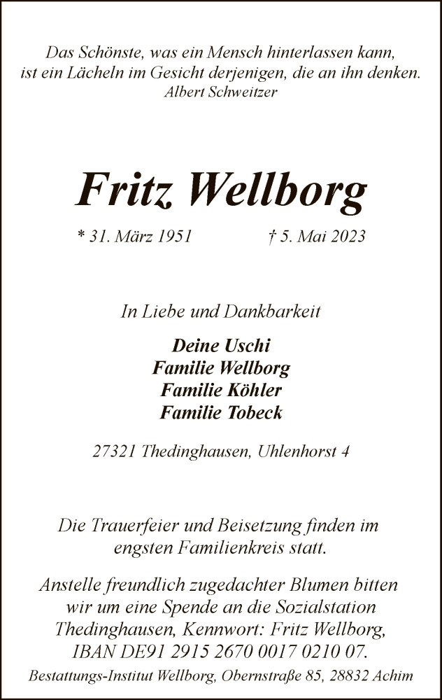  Traueranzeige für Fritz Wellborg vom 13.05.2023 aus SYK