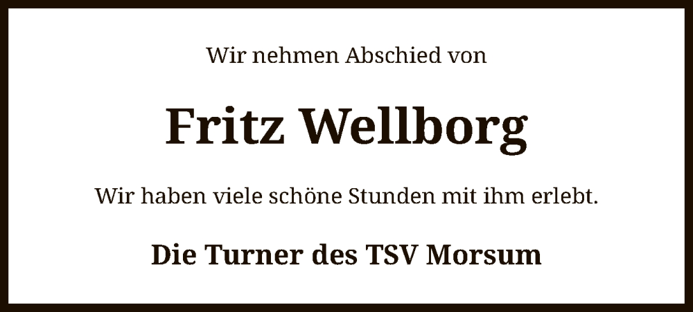  Traueranzeige für Fritz Wellborg vom 13.05.2023 aus SYK