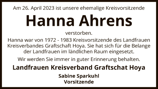 Traueranzeige von Hanna Ahrens von SYK