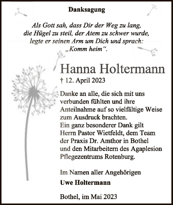 Traueranzeige von Hanna Holtermann von SYK