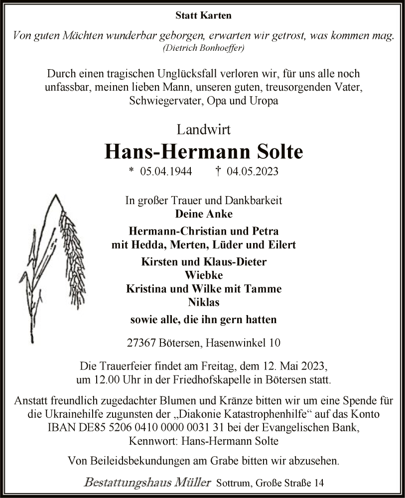  Traueranzeige für Hans-Hermann Solte vom 10.05.2023 aus SYK