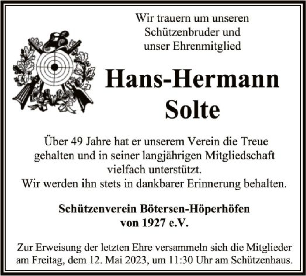  Traueranzeige für Hans-Hermann Solte vom 10.05.2023 aus SYK