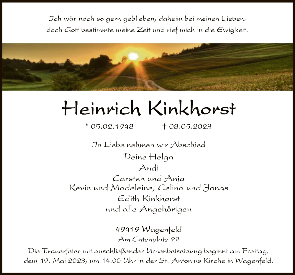  Traueranzeige für Heinrich Kinkhorst vom 13.05.2023 aus SYK