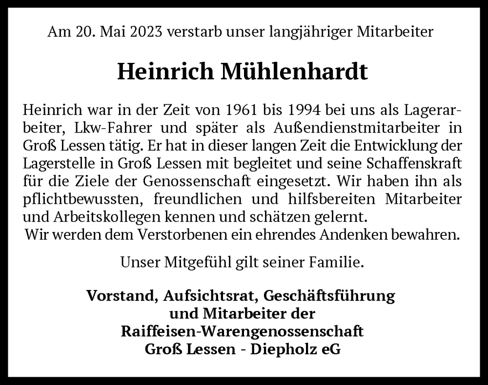  Traueranzeige für Heinrich Mühlenhardt vom 24.05.2023 aus SYK