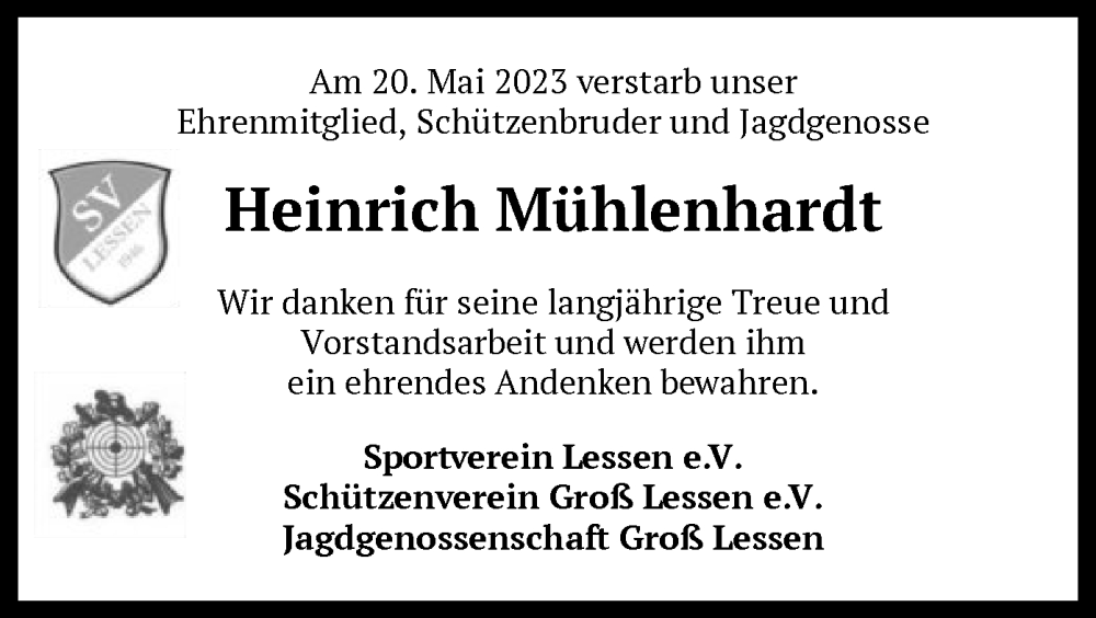  Traueranzeige für Heinrich Mühlenhardt vom 24.05.2023 aus SYK