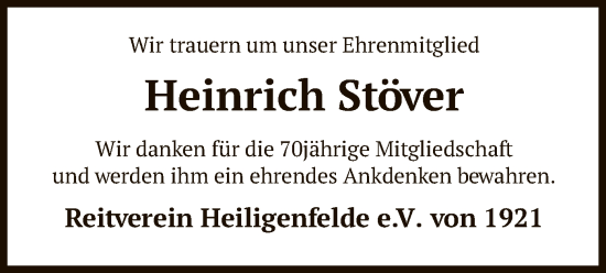 Traueranzeige von Heinrich Stöver von SYK