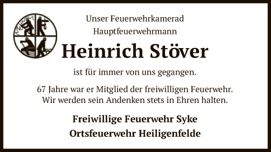 Traueranzeige von Heinrich Stöver von SYK