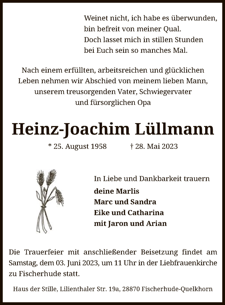  Traueranzeige für Heinz-Joachim Lüllmann vom 31.05.2023 aus SYK