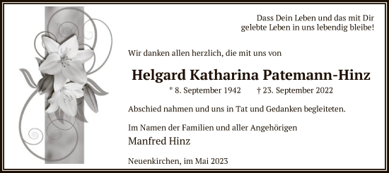 Traueranzeige von Helgard Katharina Patemann-Hinz von SYK