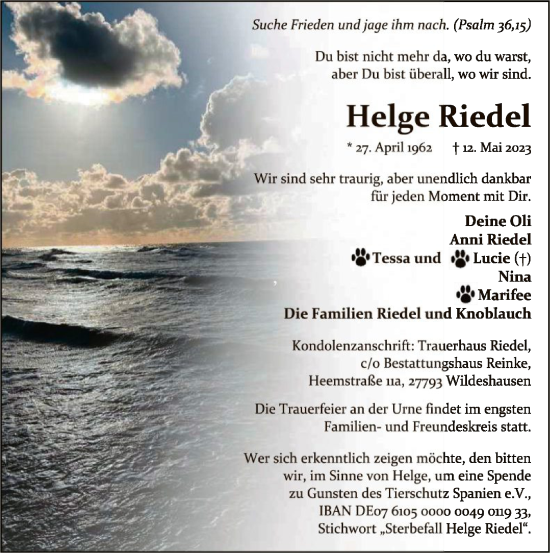 Traueranzeige von Helge Riedel von SYK