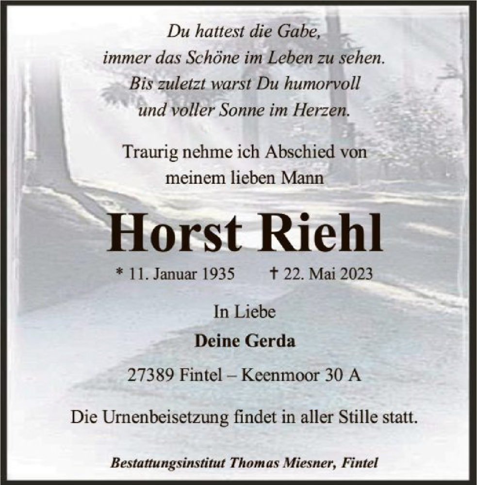  Traueranzeige für Horst Riehl vom 26.05.2023 aus SYK
