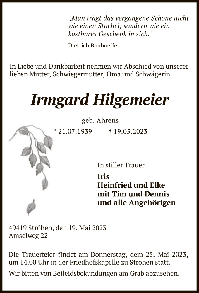  Traueranzeige für Irmgard Hilgemeier vom 23.05.2023 aus SYK