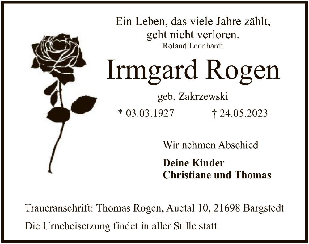  Traueranzeige für Irmgard Rogen vom 26.05.2023 aus SYK