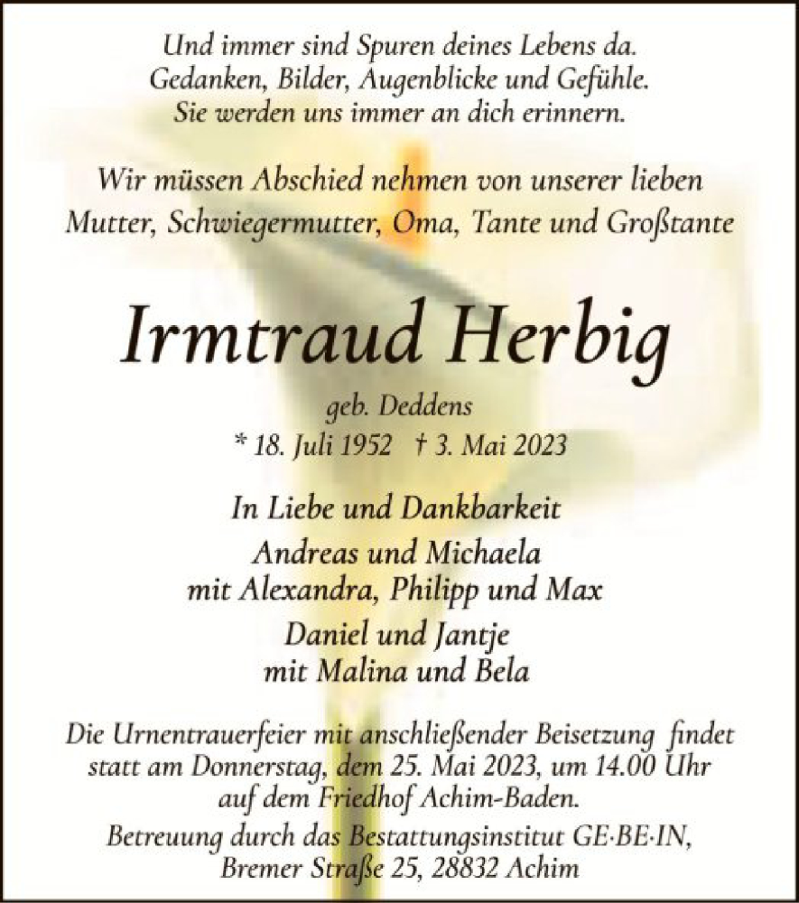  Traueranzeige für Irmtraud Herbig vom 13.05.2023 aus SYK