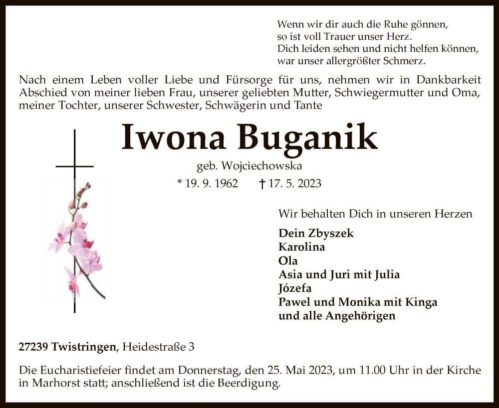  Traueranzeige für Iwona Buganik vom 23.05.2023 aus SYK