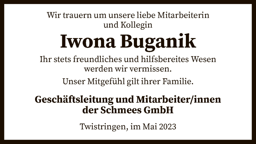  Traueranzeige für Iwona Buganik vom 23.05.2023 aus SYK
