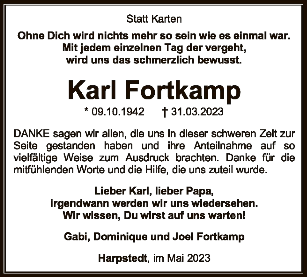  Traueranzeige für Karl Fortkamp vom 06.05.2023 aus SYK