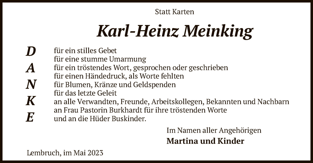  Traueranzeige für Karl-Heinz Meinking vom 13.05.2023 aus SYK